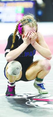 TEARS OF JOY filled the arena as Alexis Galusha became St. Paul High School’s first state medalist. Galusha earned a medal with a 6-1 victory over Zoe Jones of Broken Bow. Photo by Jeremy Vauble