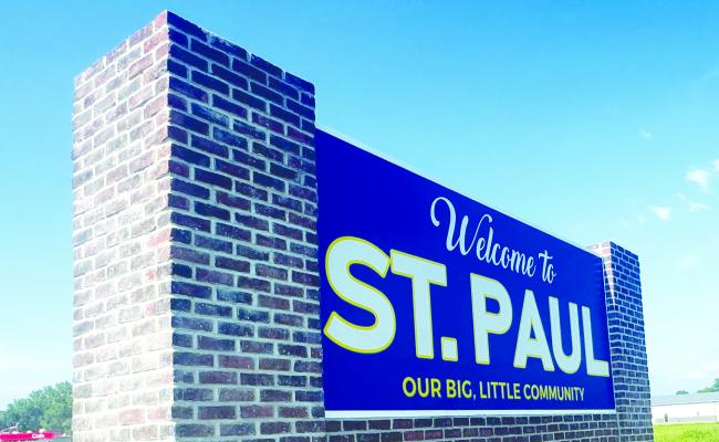THE ST. PAUL DEVELOPMENT CORPORATION’S efforts to erect a pair of welcome signs on both the north and south sides of St. Paul along United States Route 281 is nearing an end, as the north welcome sign is entering its final phase of completion this month. Photo by Michael Happ