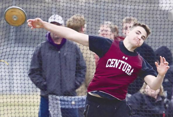CENTURA’S JACE CAMPBELL landed a toss of 129-11 to place fifth in the boys’ discus at last week’s Tom Schacht Invitational at St. Paul High School. That mark was Campbell’s personal best. Photo by Michael Happ