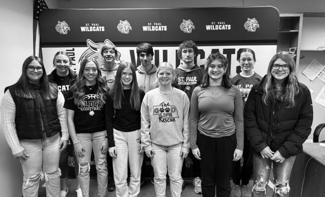 STUDENTS at St. Paul High School who received Fall Academic All-State honors included Madison Harrahill, Charlee Wegner, Natalie Poss, Jackson Kramer, Kassidy Hymer, Roman Lentz, Harlee Behring, Kyler Sack, Lauren Sladek, Sydney Gawrych, and Abigail Hirschman; (not pictured): Ashton Meinecke. Courtesy Photo
