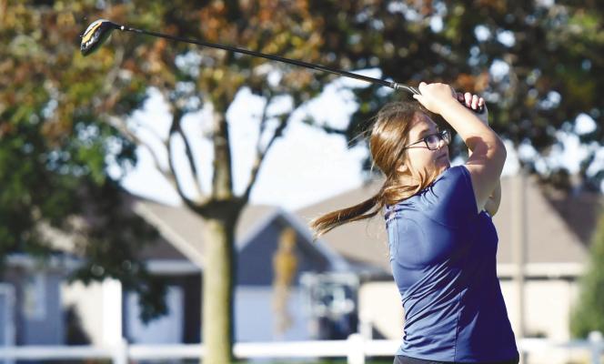 MADDIE HARRAHILL tees off on the tenth hole at Indianhead Golf Club last Wednesday morning. Harrahilll carded a 117 for thirty-fourth at last week’s district meet. Photo by Jordan Coslor