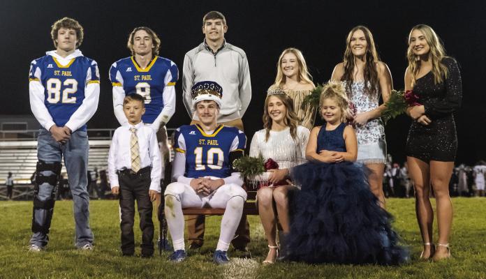 ST. PAUL HIGH SCHOOL crowned their 2022 Homecoming Court last Friday night following the Wildcats’ football game against Central City. Members of this year’s court include (back row): king candidates Luke Porter and Bryce Knapp, 2021 King Jaxson Klinginsmith, 2021 Queen Carlita John, and queen candidates Jenna Jakubowski and Clara Kunze; (front row): crown bearer Broc Porter, 2022 King John Placke, 2022 Queen Maya Becker, and crown bearer Norah Nielsen. (Michael Happ)