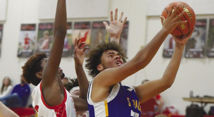LEVI BADER goes up for two points during the second quarter of St. Paul’s game against Boone Central last Thursday. Bader had six points in the Wildcats’ 50-27 loss to the Cardinals last week. Photos by Michael Happ