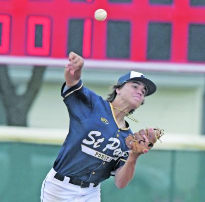 ALEX MEINECKE attempts a throw from shortstop to first base on Thursday night during St. Paul’s game against Grand Island Tom Dinsdale. Photo by Michael Happ