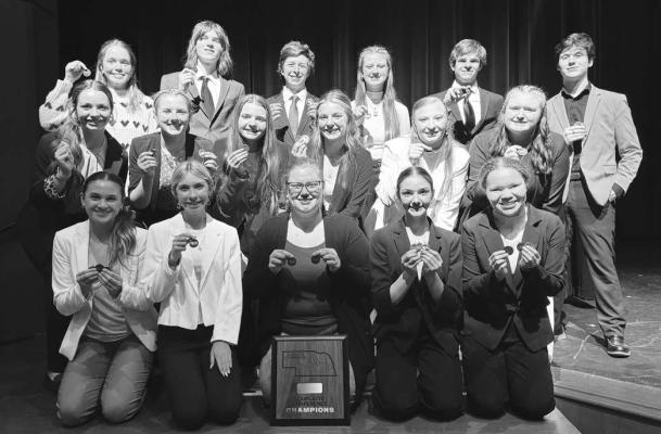 CENTURA HIGH SCHOOL’S speech team medalists pictured with the conference championship plaque earlier this month include (back row): Finley Korinek, David Hadenfeldt, Mason Janda, Zoie Simons, Ian Crawford, and Cove Engleman; (middle row): Emma Jacobs, Hope McDonald, KyAnna Brand, Natalie Jarman, Lonna Patrick, and Brionna Lowe; and (front row): Shiloh Smith, Breyleigh Smith, Lily Campbell, Lauren Suntych, and Ella Simon. Courtesy Photo