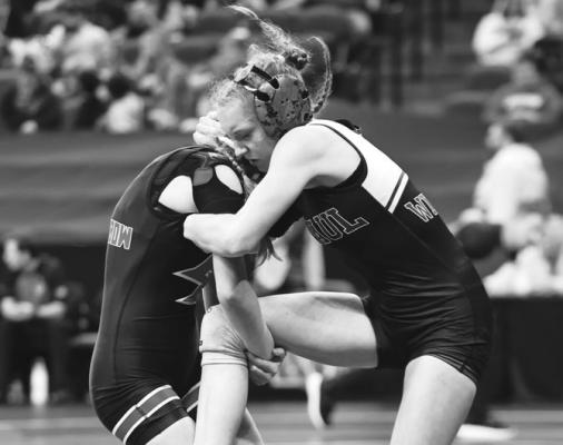 ALEXIS GALUSHA won a 6-1 decision against Zoe Jones of Broken Bow to secure her spot on the medals stand during last week’s NSAA Class B Girls State Wrestling Championships in Omaha. Photos by Jeremy Vauble