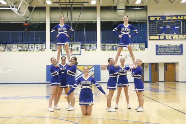 ST. PAUL CHEERLEADERS recently added stunting to their repertoire. Members of this year’s cheerleading team pictured include Ellie Thede, Gracyn Rubesh, Jaycee Ambrose, Lauren Sladek, Audrey Anderson, Emily Hancock, Aliyah Eacker, Kassidy Hymer, and Anistyn Knapp. (Michael Rother)
