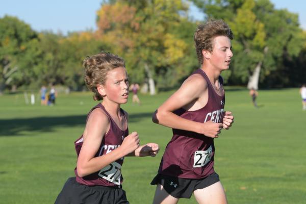 ETHAN FRANKFORTER and Jack Hadenfeldt were nearly in lockstep past the two mile mark during the LouPlatte Conference Cross Country Meet last Tuesday. The Centurions placed seventh at the meet. (Michael Happ)