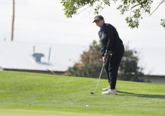 ST. PAUL’S AHNA JERABEK chips on to the seventh green at Centura Hills Golf Club last Friday during the LouPlatte Conference Golf Meet. Jerabek finished the meet in second place after the senior shot a 103. (Michael Happ)