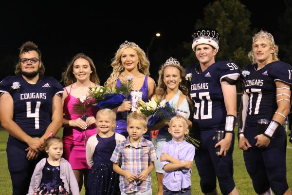 THE CENTRAL VALLEY HOMECOMING COURT included Princess Morgan Rosander, Queen Taya Engel, King Cohen Grossart, and Prince Zandar Wolf. Also pictured, left, are Aiden Freeman and Kennady Holley; and, below, the kindergarten attendants: Shelby Adams, Millie Kriewald, Hayes Buettner, and Hunter Meyers.