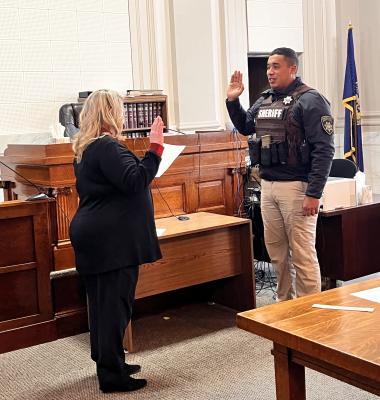 HOWARD COUNTY Sheriff’s Deputy Malik Bear Heels was sworn in by Howard County Clerk Magistrate Lisa Johnson last Wednesday. (Courtesy Photo)