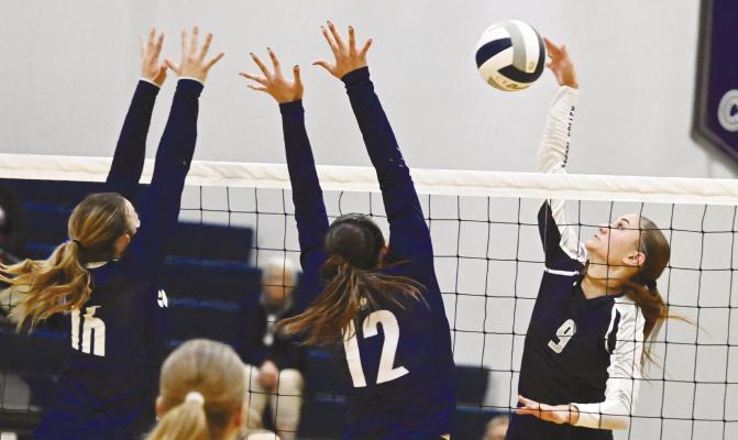 CENTRAL VALLEY sophomore Laurel Mann goes for a kill during last week’s match against Cross County. The Cougars beat their guests 3-1 during the Thursday evening contest in Greeley. Photos by Michael Happ