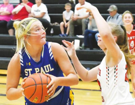 OLIVIA POPPERT, playing for the LouPlatte Conference, looks to get past a defender from the Southwest Conference on Thursday night during the two conferences’ all-star dual. (Jordan Coslor)