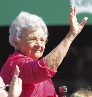 EVELYN DVORAK waves to the crowd from the St. Paul American Legion Auxiliary’s float on Saturday. Dvorak was honored during this year’s GCA Days parade for her commitment to the community.