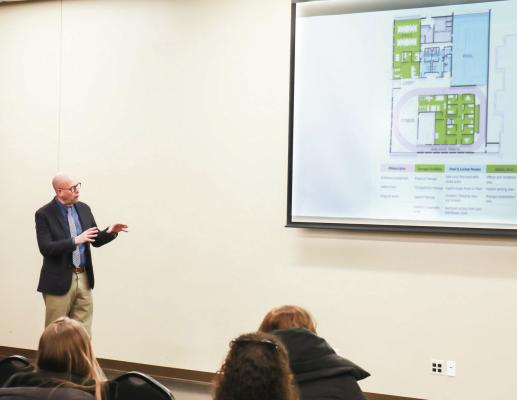 FLOOR PLANS for the Howard County Medical Center’s new wellness and therapy center were exhibited during an open house held to showcase the project last Wednesday evening at the St. Paul Civic Center. Several community members, as well as hospital employees, were in attendance for the event. (Michael Rother)