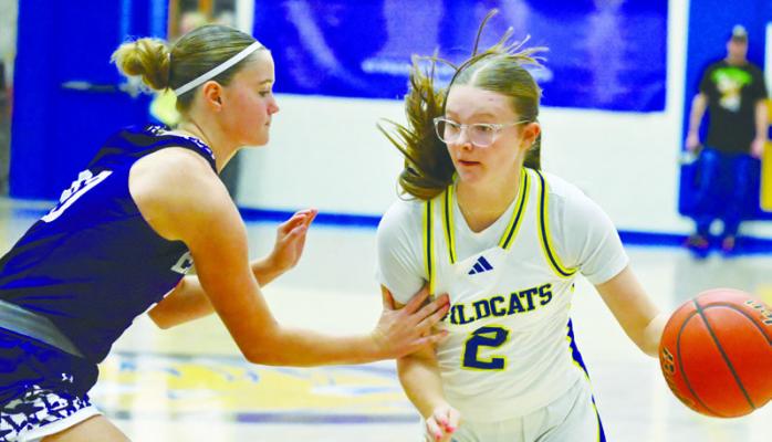 BROOKLYN HEATER drives into the lane against a Wood River defender during last week’s game against Wood River. Heater had three points against the Eagles. Photos by Michael Happ