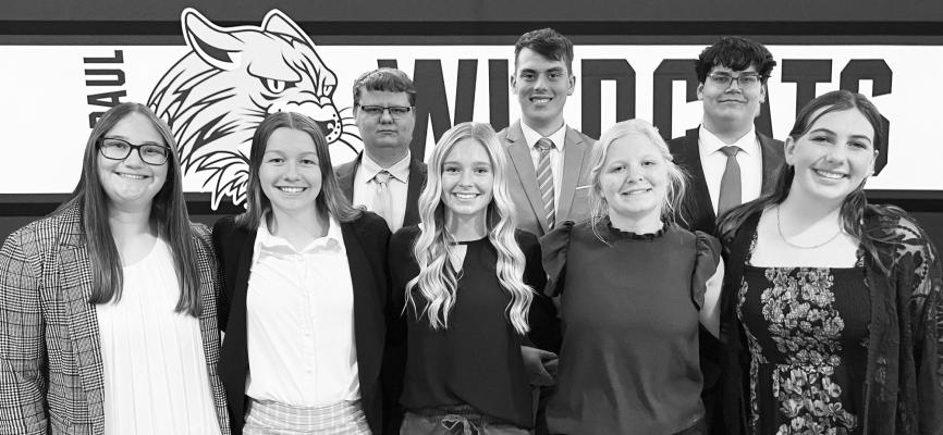 THE ST. PAUL FBLA CHAPTER recently attended the state conference at the Younes Conference Center in Kearney. Those attending included (front row): Maddie Harrahill, Kayley Wells, Karlie Vieth, Harlee Behring, and Audrey Anderson; (back row): Kolton Williams, Isaac Hagen, and Josef Kaslon. Courtesy Photo