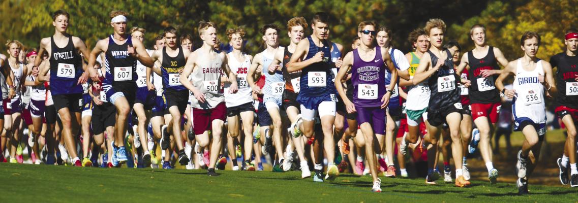 ST. PAUL’S ELI SLADEK jockeys for position at the start of last Friday’s boys’ race at the 2024 NSAA Class C State Cross Country Championships at the Kearney Country Club in Kearney. Sladek placed seventy-second in the field of 114. Photo by Jordan Coslor