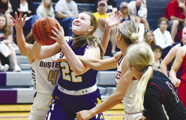 GRACIE KELLEY of St. Paul battles her way to the basket during last week’s all-star game between the LouPlatte Conference and the Southwest Conference. Kelley had fourteen points in the contest. Photos by Jordan Coslor
