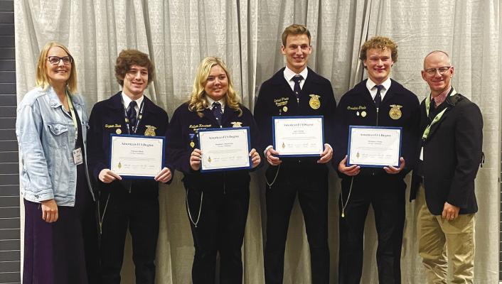 AMERICAN DEGREE RECIPIENTS included Truman Beck, Madison Hirschman, Sam Thede, and Christian Thede. The recipients are pictured with Ms. Tara Sjuts and Mr. Boyd Bowder. Courtesy Photos