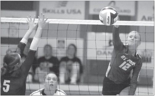 JESSICA VETICK goes for the kill during the first set of the Wildcats’ match against Arcadia/Loup City last Tuesday night. Vetick had five kills in the match. Photo by Michael Happ