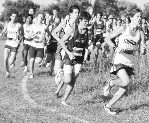 ELI SLADEK races to the front of the pack during the first mile of last Tuesday’s LouPlatte Conference cross country meet at the Crane Trust near Alda. Photos by Michael Happ