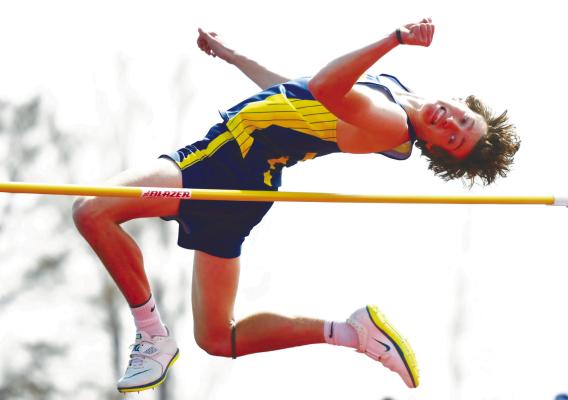 ST. PAUL senior Joel Shafer cleared 6-02 to win the boys’ high jump at last week’s Dale Feeken Invitational at Adams Central High School. Photo by Jordan Coslor