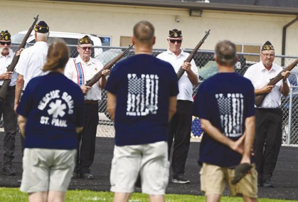 MEMBERS OF THE ST. PAUL VOLUNTEER FIRE DEPARTMENT AND RESCUE SQUAD were among those honored during St. Paul’s remembrance ceremony marking the twenty-fifth anniversary of the terrorist attacks of September 11, 2001. Members of the Carl Mogensen American Legion Post rendered a twenty-one-gun salute during the observance.