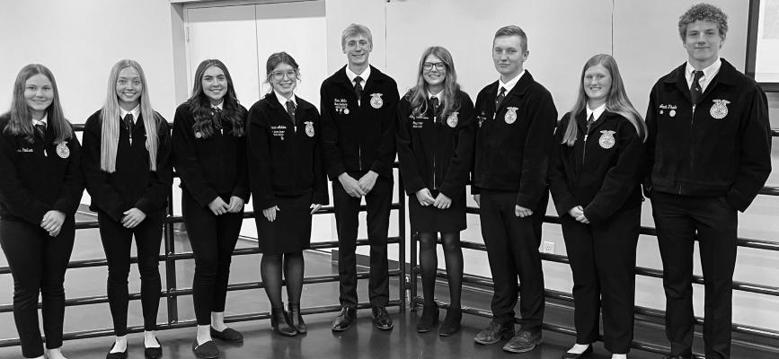 THE ST. PAUL FFA CHAPTER’S 2023-2024 officers include Parliamentarian Norah Paulsen, Historian Natalie Poss, Reporter Gracyn Rubesh, Vice President Gracie Ackles, President Sam Wells, Secretary Abby Hirschman, Treasurer Cole Brus, Sentinel Matti Stepanek, and Junior Advisor Jack Thede. (Courtesy Photos)