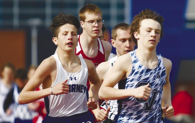 CENTRAL VALLEY’S Boston Wood paced the field through much of the boys’ 3200-meter run last Thursday at the Dick O’Neill Memorial Invite hosted by Pleasanton High School in Kearney. The junior ended up finishing the race in second in 11:23.49. Photos by Jordan Coslor