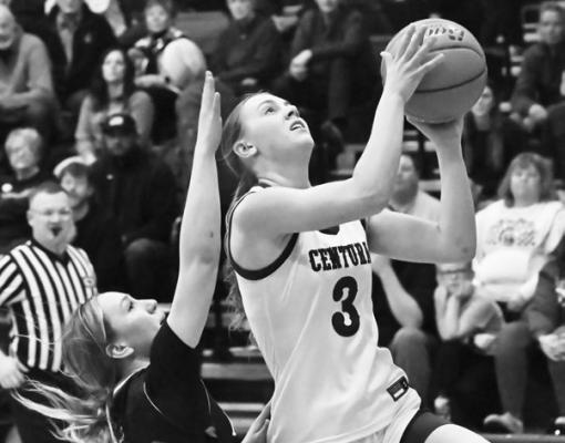 CENTURA’S ELLA FRANCL picked up a quick bucket to start the second half of last Friday night’s game against Arcadia/Loup City. Photo by Michael Happ
