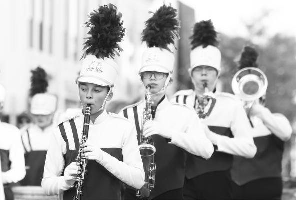 MEMBERS OF THE ST. PAUL HIGH SCHOOL MARCHING BAND stayed in step as they made their way along the parade route during the Grand Island Area Chamber of Commerce’s Eighty-Second annual Harvest of Harmony Parade on Saturday morning. Photo by Michael Happ