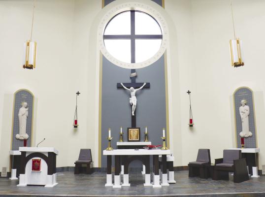 NEW STATUARY, FURNISHINGS, AND AN UPDATED COLOR PALLET are among the features of the nearly halfmillion- dollar renovation project at Sts. Peter and Paul Catholic Church in St. Paul. The renovated sanctuary will be dedicated during the 10:00 a.m. Mass on Sunday morning, June 29th. Photo by Michael Rother
