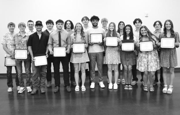 THREE-SPORT LETTERWINNERS honored at St. Paul High School’s Athletic Banquet last Wednesday at the St. Paul Civic Center included Layne Baker, Rylan Rasmussen, Jackson Wegner, Cody Kuszak, Carter Hawley, Gage Sack, Zandyn Weller, Charlee Wegner, Jaydn Thomsen, Levi Bader, Conner Douthit, Ann Stepanek, Aubree Fitzgerald, Zaya Lewis, Alex Meinecke, Tessa Dugan, Mason Majerus, and Katie Oakley; (not pictured): Alexis Galusha, Colton Kuszak, and Kaitlyn Kleinsasser. Courtesy Photo