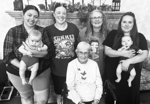 A FIVE-GENERATION PICTURE was recently taken of Shirley Inman of St. Paul and her family at Matelyn Retirement Community. Pictured above are Juliana Casey (great granddaughter) holding her son, Dakota (great-great grandson), Crystal Miyagishima (grandmother), Shirley Inman (great-great grandmother), Sandy Stoffel (great grandmother), and Niesa Cervantes (great granddaughter) holding her son, Reynard (great-great grandson). Courtesy Photo