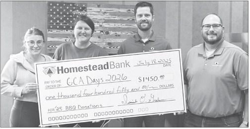 HOMESTEAD BANK in St. Paul presented members of the Grover Cleveland Alexander Days Committee a check for $1,450 last Friday. The check was for the donations raised during the bank’s annual community barbeque on the Sunday of Grover Cleveland Alexander Days. Pictured during the check presentation are Tiffany Fousek, Jordan Robinson, Jordan Meyer, and Isaiah Graham. Courtesy Photo