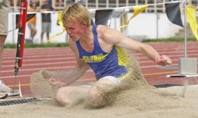 ST. PAUL’S Jonah Paulsen made his mark in the triple jump pit last Wednesday at the Class B state track meet in Omaha. Paulsen’s third jump of the event ended up being a personal best, and allowed the recent St. Paul High School graduate to place third in the event. (Michael Happ)