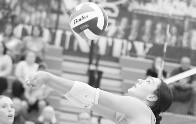 MACY PORTER passes the ball over the net during the first set of last week’s match between the Wildcats and Central City. The Bison picked up the reverse sweep on their home court. Photo by Michael Happ