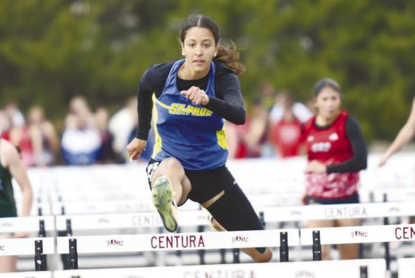 ST. PAUL’S ZAYA LEWIS swept the hurdle events at the LouPlatte Conference meet at Centura High School on Friday afternoon. The junior won the gold in the 100-meter race in 15.47 and took the top medal in the 300-meter event in 48.45.
