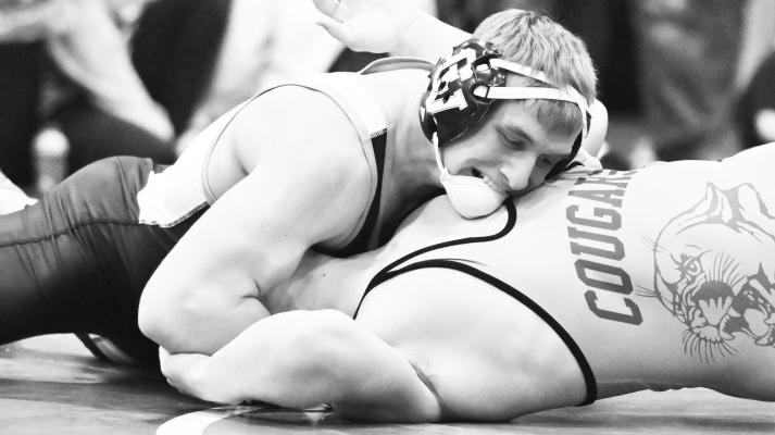 CENTRAL VALLEY’S William Pokorny needed just 102 seconds to put Niobrara/Verdigre’s Jacob Motacek on his back during the second round of wrestling at the District D-3 Tournament held at Central Valley High School. Photos by Michael Happ
