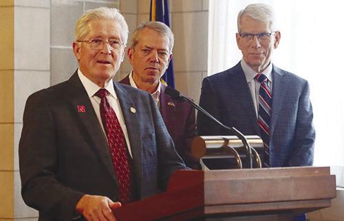 DISTRICT 41 STATE SENATOR FRED MEYER is pictured at his swearing-in ceremony in January. Also pictured are Nebraska Governor Jim Pillen and Lieutenant Governor Joe Kelly. Courtesy Photo