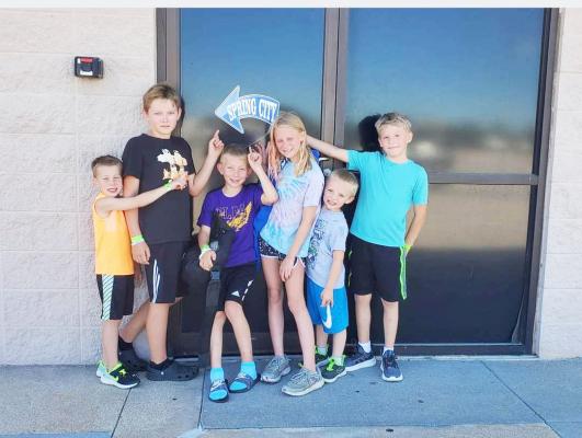 HATCHLINGS participants Blayden Stenka, Ryker Hoff, Sawyer Roy, Tynlee Spiehs, Jasper Spiehs, and Dylan Brittain are pictured outside of Spring City in Grand Island during a recent trip to the trampoline park. (Courtesy Photo)