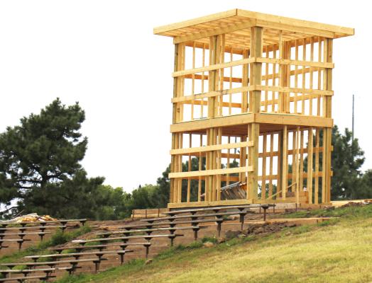 WORK continues on the new crow’s nest at Memorial Field in Wolbach. Among the aims of replacing the old nest, which was constructed thirty years ago, are creating more room and replacing the aging support structure. (Michael Rother)