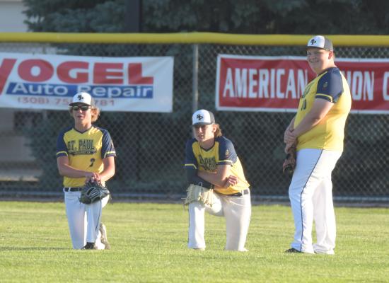 ST. PAUL’S LEVI BADER attempts to steal second base during last Wednesday evening’s game against Broken Bow. (Michael Happ)
