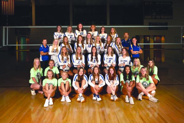 Members of St. Paul High School’s volleyball team include (back row): Ava Vech, Alyssa Ritter, Addie Ruzicka, Lilly Sazama, Katelyn Albers, and Addison Brown; (third row): Coach Harrington, Harlee Behring, Makenna Beberniss, Gracie Mudloff, Gracie Kelley, Jessica Vetick, Emma Elstermeier, Natalie Poss, Coach Koehn-Fairbanks, and Coach Grabowski; (second row): Lacey Barg, Addy Wells, Rowynn Hansel, Clara Kunze, Jenna Jakubowski, Maya Becker, Alex Obermiller, Keislyn Poss, and Piepyr Klinginsmith; (front row)