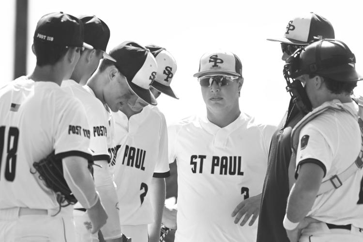 MEMBERS of the St. Paul Post 119 Seniors gathered for a conference on the pitcher’s mound during the locals’ game against York on Sunday afternoon at Grover Cleveland Alexander Field in St. Paul. York topped St. Paul 5-1 in the contest.