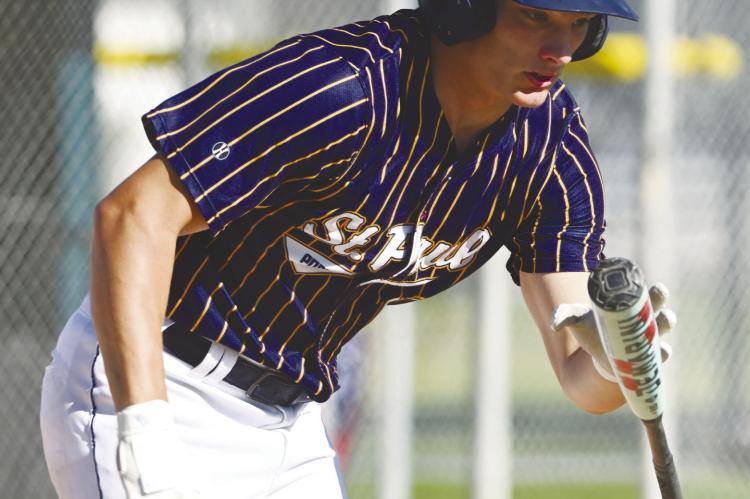 MASON MAJERUS charges down the first base line after getting a hit during last week’s game against Ord in St. Paul. Photo by Michael Happ
