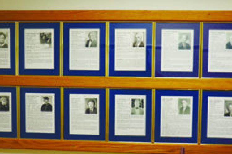 THE ACADEMIC WALL OF HONOR at the St. Paul Library currently includes thirty-two honorees. Photo by Michael Rother
