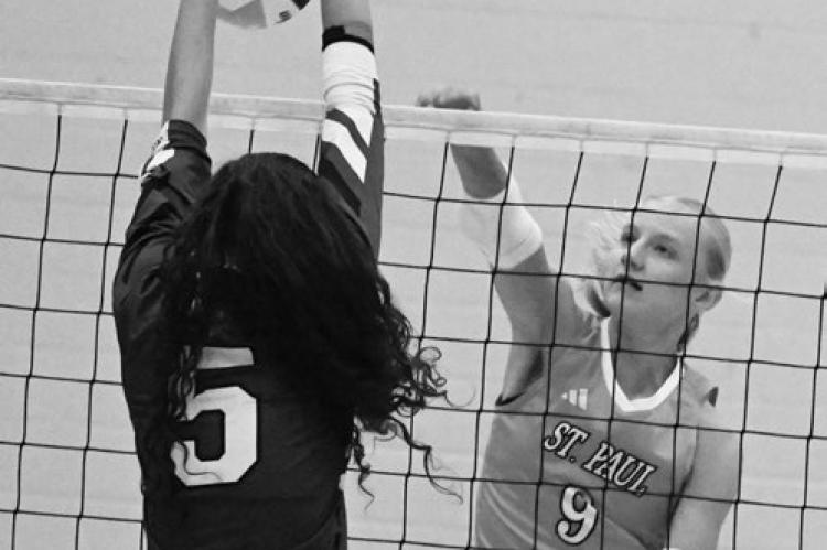 ST. PAUL’S JOHANNAH NILSON goes for a kill against Columbus Lakeview during the second set of the Wildcats’ match against the Vikings last Tuesday night in St. Paul. Photos by Michael Happ