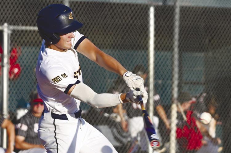 JAYDN THOMSEN tallied a hit in the Post 119 Seniors’ game against Ord last Wednesday night at Grover Cleveland Alexander Field in St. Paul. Ord topped St. Paul 8-6. Photo by Michael Happ